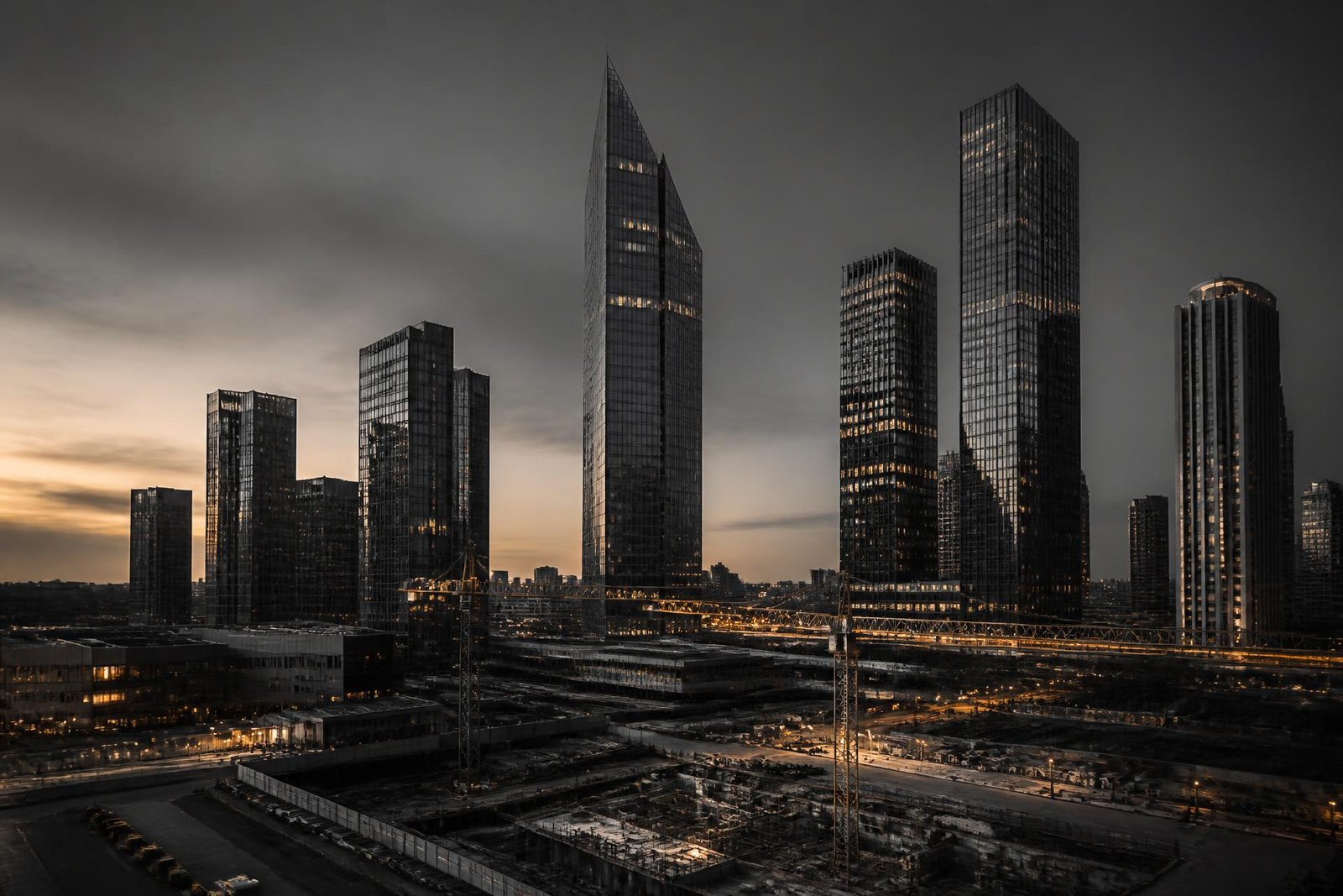 Skyline urbano ao entardecer com terreno em desenvolvimento em primeiro plano